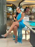 Women Fringed Formal Party Halter Neck Maxi Dress