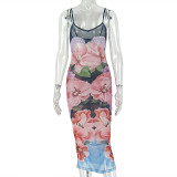 Women Chic Floral Print Bodycon Sleeveless Strap Casual Long Dress