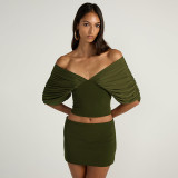 Women Spring Summer Elegant Off Shoulder Low Back Slim Waist Ruched Two-Piece Outfit Set