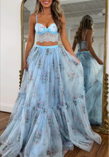 Women Sling Top and Chiffon Printed Tie-Accent Midi Skirt Two-Piece Set