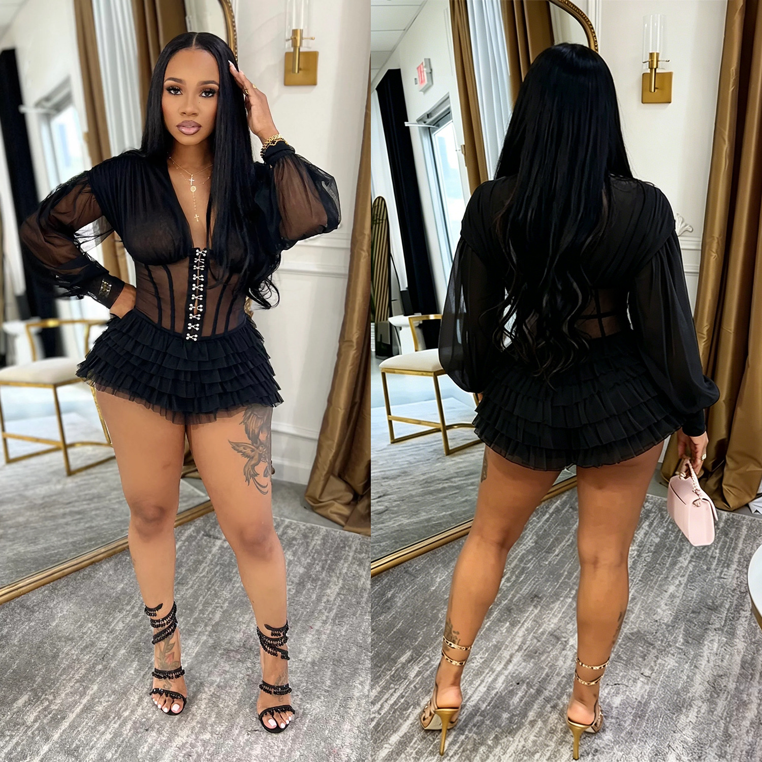 V-Neck See-Through Mesh Dress for Clubwear