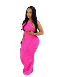 Women Ruched Halter Neck Backless Sexy Solid Bodycon Maxi Dress