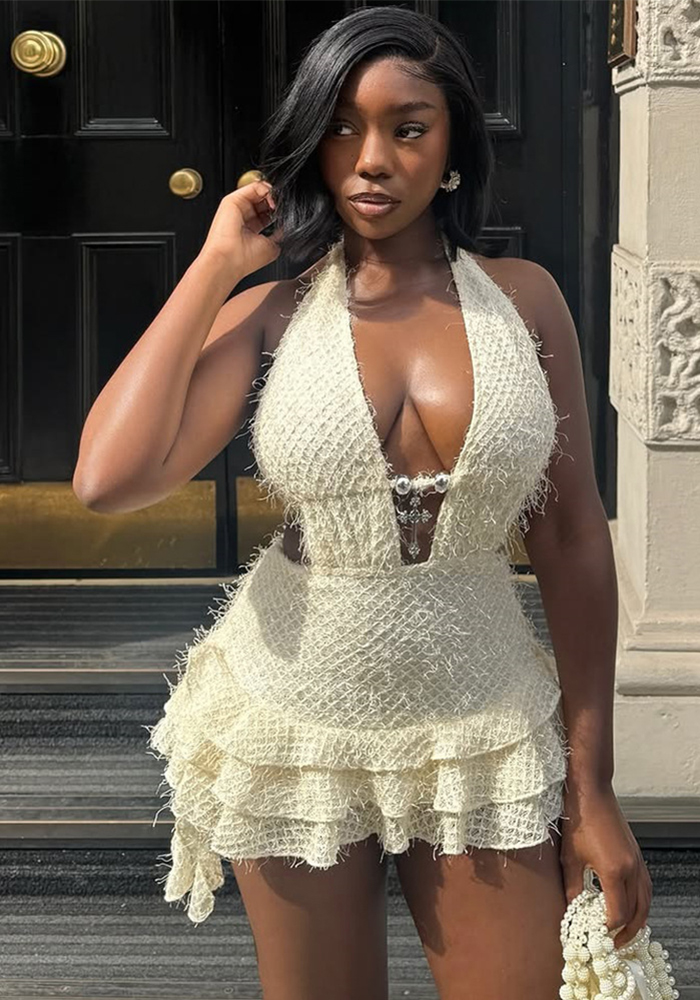 Hollow-Out V-Neck Lace-Up Backless Puff Dress for Summer