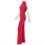 Women Solid Color Pleated Lace-Up High Neck One-Shoulder Irregular Wide Leg Jumpsuit