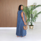 Women Summer Turndown Collar Pocket Denim Maxi Dress