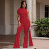 Women Solid Color Pleated Lace-Up High Neck One-Shoulder Irregular Wide Leg Jumpsuit