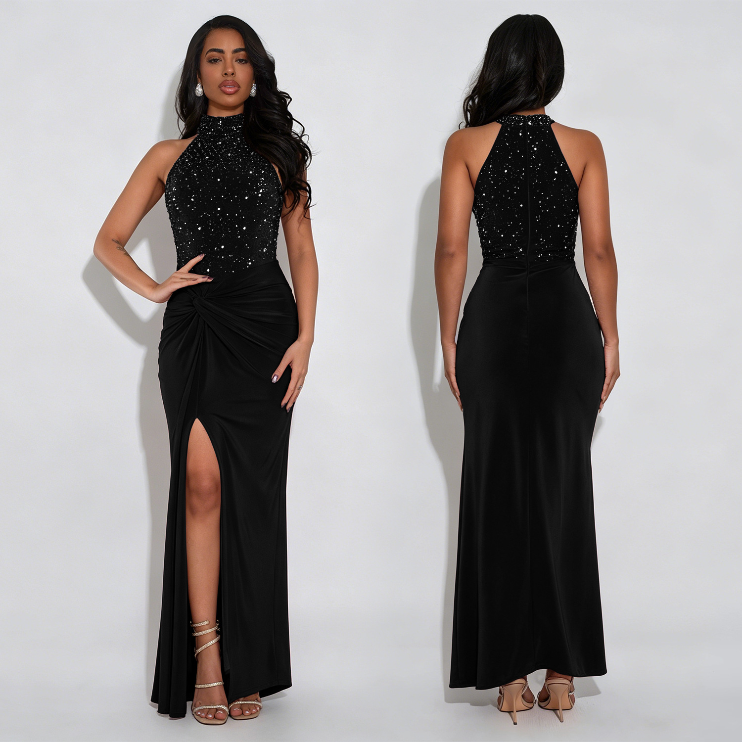 Off-Shoulder Beaded Bubble Split Dress for Evening Parties