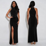 Women Sexy Off-Shoulder Beaded Bubble Bead Split Dress
