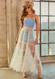 Women Summer Denim Strapless Patchwork Sexy See-Through Dress