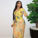 Women Printed Round Neck Long Sleeve Bodycon Dress