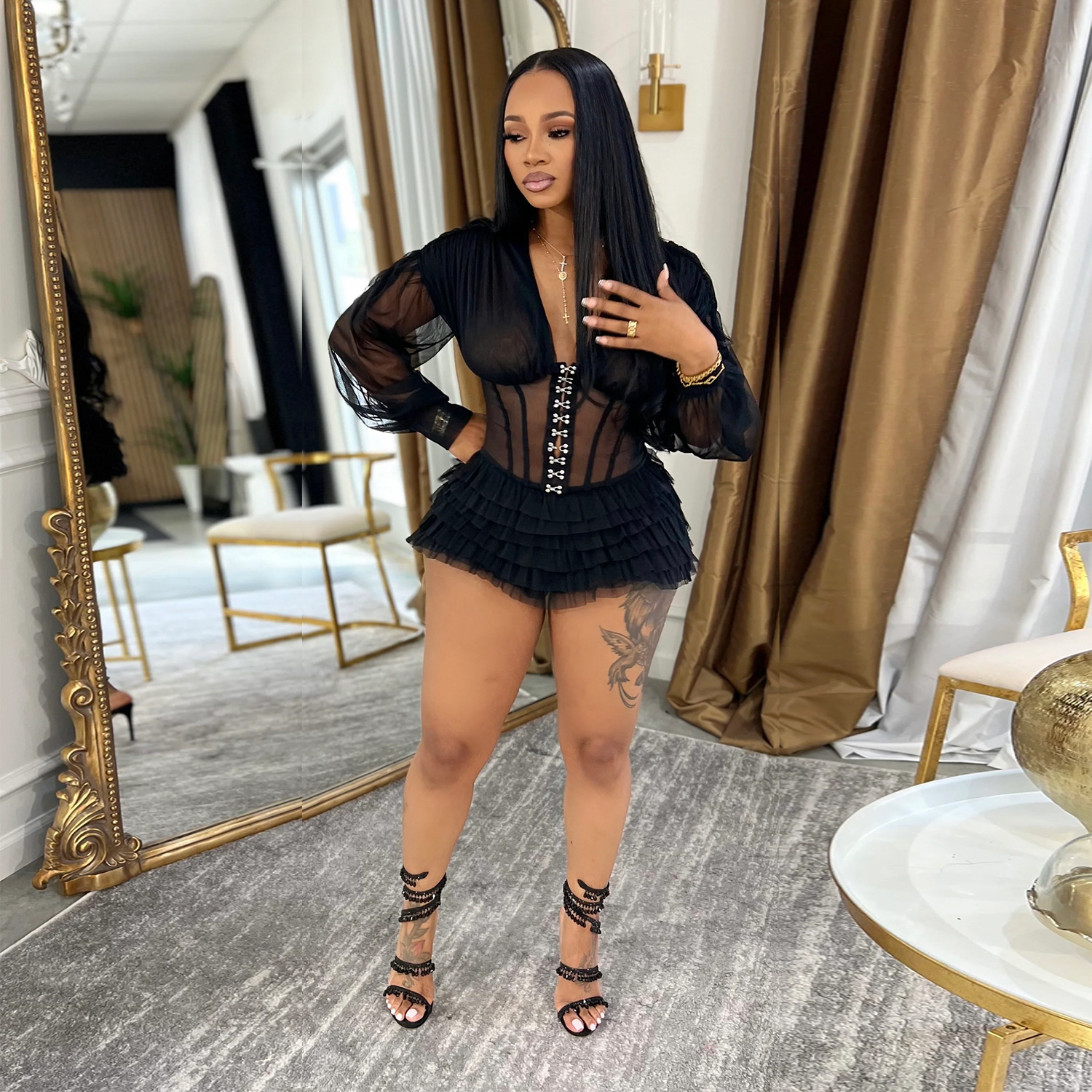 V-Neck See-Through Mesh Dress for Clubwear