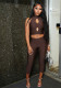 Women Solid Mock Neck Hollow-Out Tank Top and Cropped Pants Two-Piece Set
