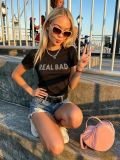 Women Beaded Letter Round Neck T-Shirt