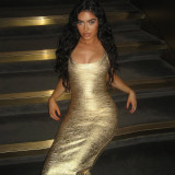 Women Spring Glossy Chic Slim Fit Bodycon Strap Long Dress