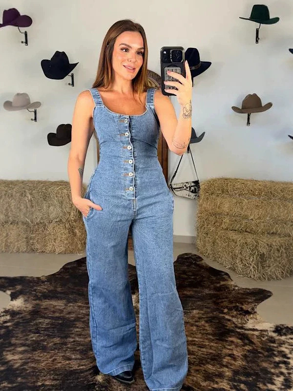 Denim Sling Wide-Leg Jumpsuit for Casual Streetwear