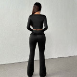 Women Black Square Neck Ruffled Top and Bell Bottom Pant Fitness Yoga Casual Two-Piece Set