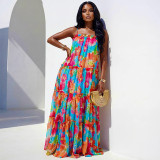 Women Summer Strap Ruffled Loose Printed Dress