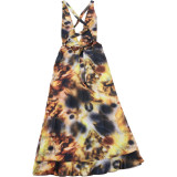 Women Spring Summer Sexy Low Back Cross Lace-Up Deep V Split Printed Dress