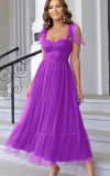 Elegant Solid Color Strap Mesh Party Dress