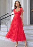 Elegant Solid Color Strap Mesh Party Dress
