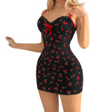 Women Sweet Cherry Printed Lace Ruffled Bow Strap Dress