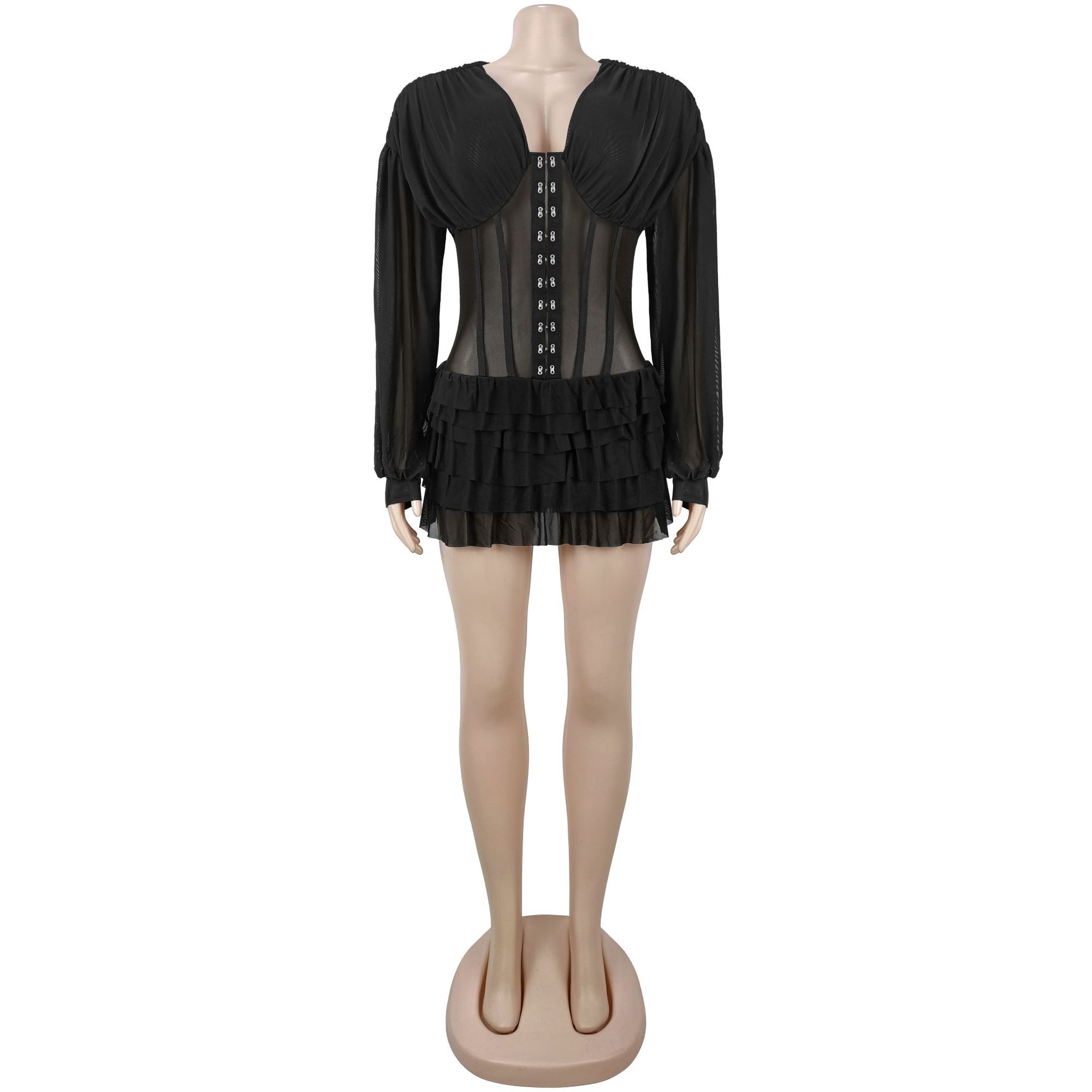 V-Neck See-Through Mesh Dress for Clubwear