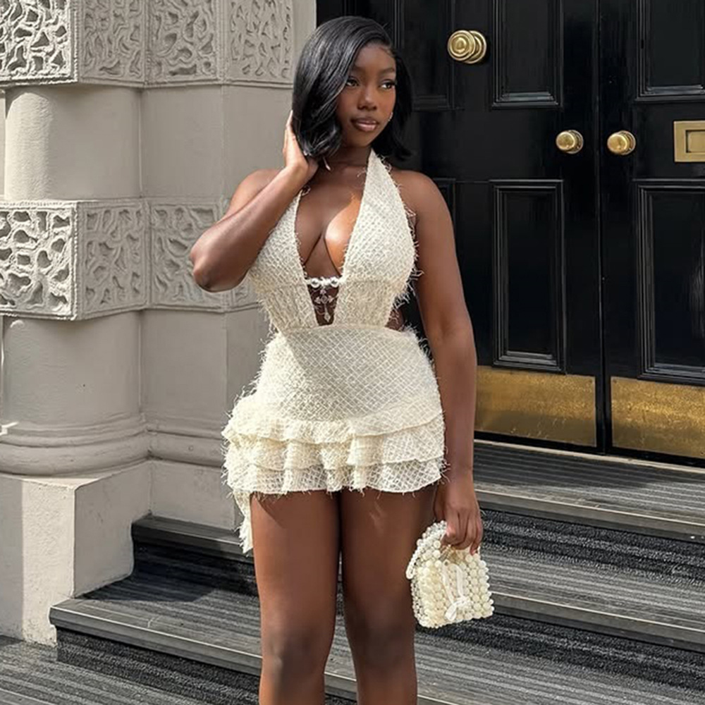 Hollow-Out V-Neck Lace-Up Backless Puff Dress for Summer