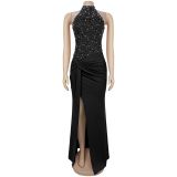 Women Sexy Off-Shoulder Beaded Bubble Bead Split Dress