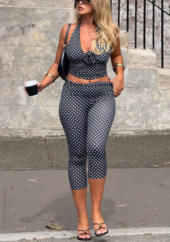 Women Spring Sexy Halter Neck U-Neck Tank Top and Polka Dot Cropped Pants Two-Piece Set