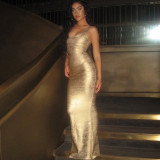 Women Spring Glossy Chic Slim Fit Bodycon Strap Long Dress