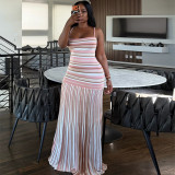 Women Summer Strap Striped Slim Waist Low Back Dress