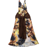 Women Spring Summer Sexy Low Back Cross Lace-Up Deep V Split Printed Dress