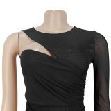 Women Sexy Mesh See-Through Round Neck Bodycon Dress