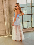 Women Summer Denim Strapless Patchwork Sexy See-Through Dress