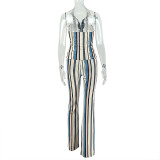 Women Striped V-Neck Button Printed Casual Slim Pants Two-Piece Outfit Set