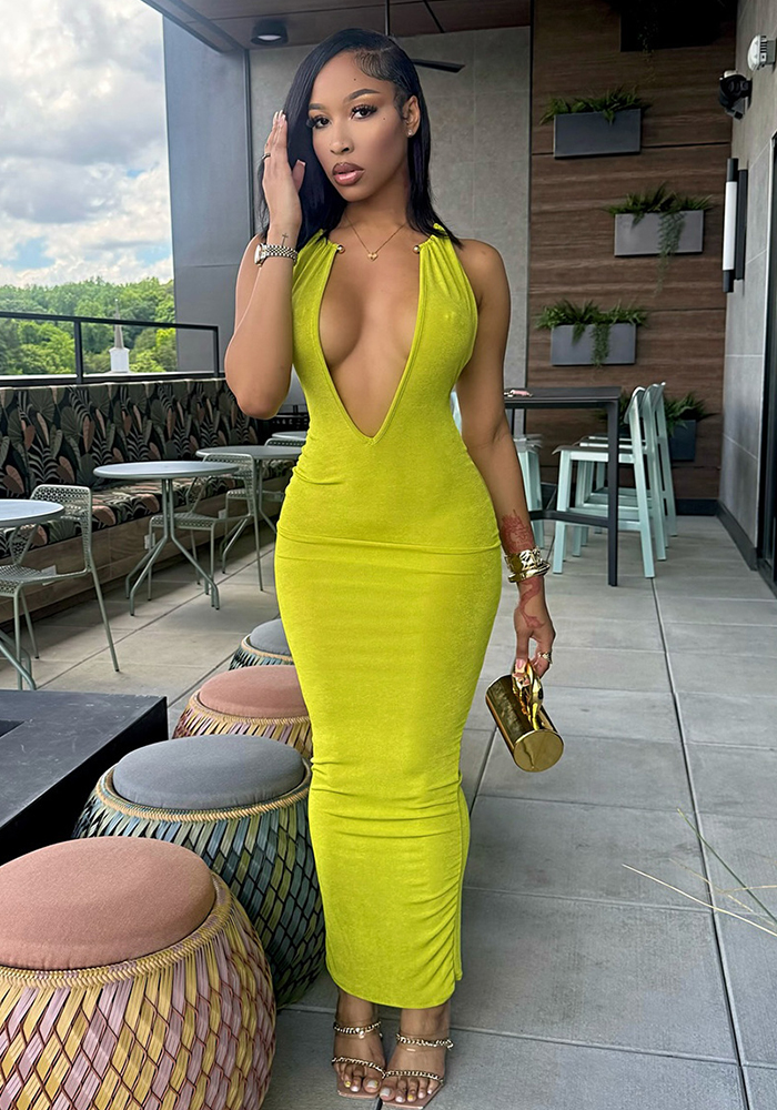 Metal Halter V-Neck Maxi Dress for Evening Parties