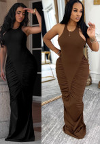 Women Ruched Halter Neck Backless Sexy Solid Bodycon Maxi Dress