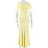 Women Slim Fit Split Solid Color Bodycon Off Shoulder Asymmetrical Design Long Dress