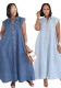 Women Summer Turndown Collar Pocket Denim Maxi Dress
