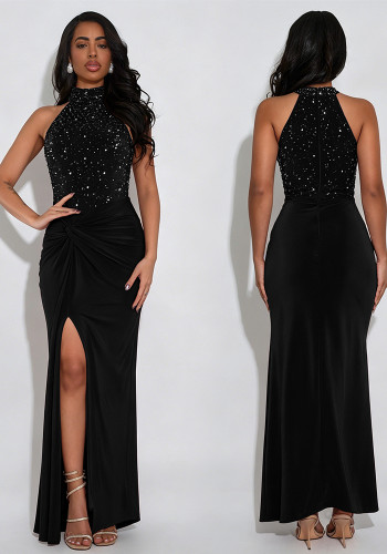 Women Sexy Off-Shoulder Beaded Bubble Bead Split Dress