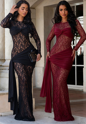 Women Sexy Round Neck Lace Long Sleeve Dress