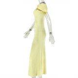 Women Slim Fit Split Solid Color Bodycon Off Shoulder Asymmetrical Design Long Dress