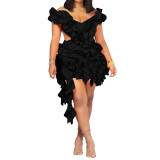 Women Sexy Sleeveless Low Back Ruffle Edge Dress