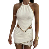 Women Spring Sexy Backless Tie-Accent Halter Neck Top and Skirt Two-Piece Set
