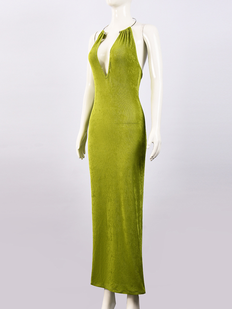 Metal Halter V-Neck Maxi Dress for Evening Parties