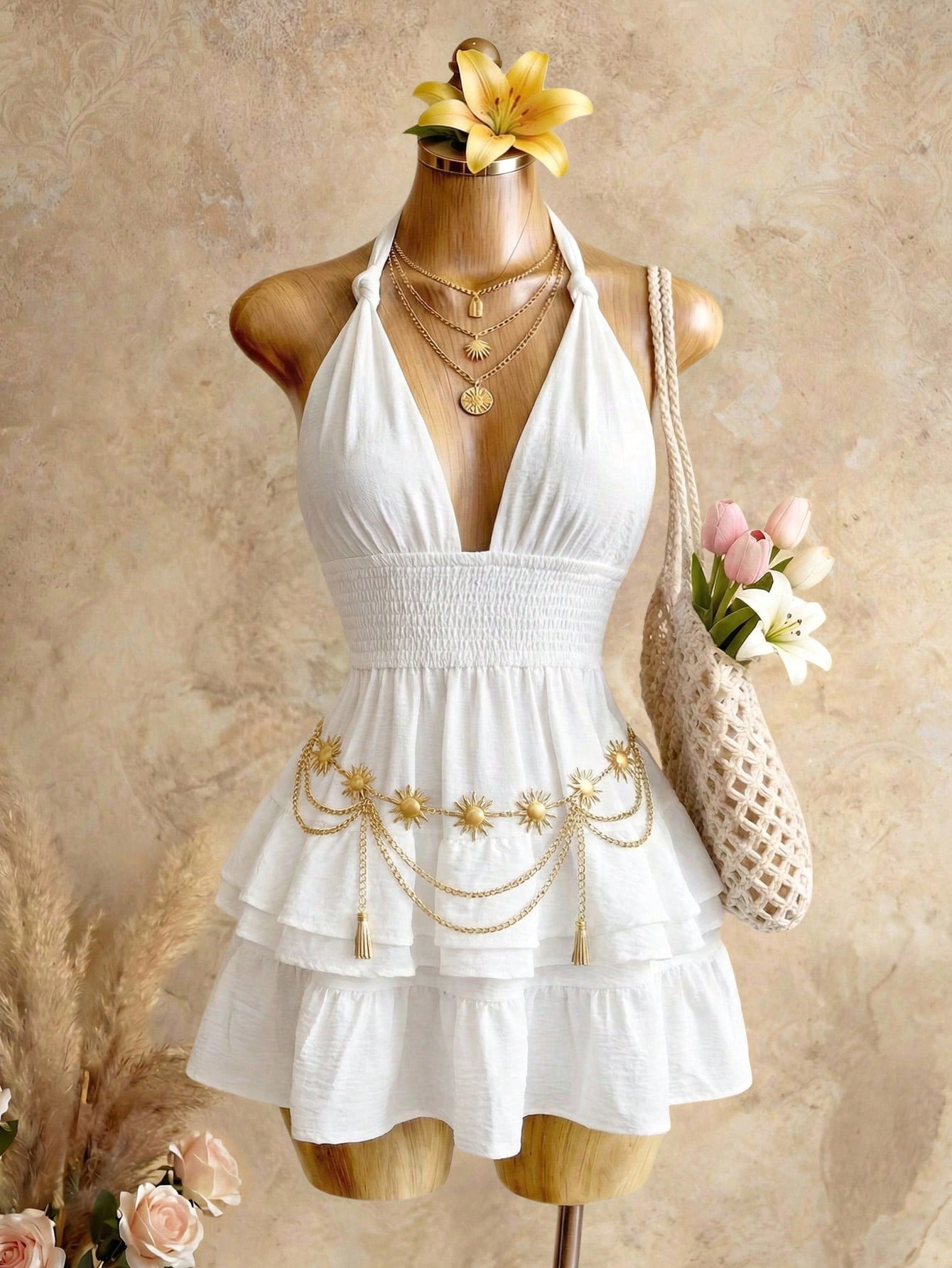 Solid Halter Low-Cut Ruffle Dress for Beach Holidays