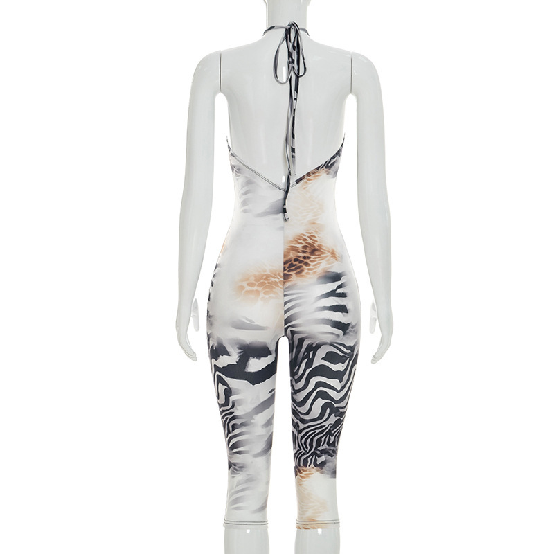 Printed Halter Backless Cropped Jumpsuit for Summer Casual