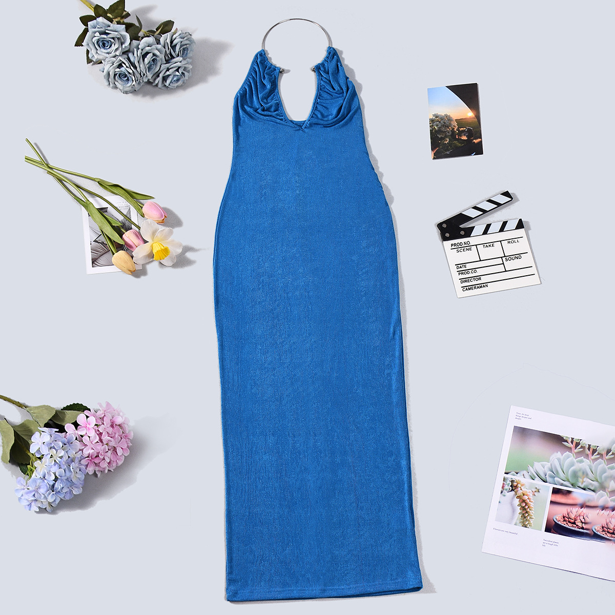 Metal Halter V-Neck Maxi Dress for Evening Parties