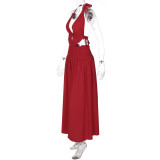 Women Summer Tie-Accent Halter Neck Backless Sexy Lace Patchwork Dress