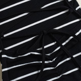 Women Striped Color-Block Woven Sexy Hollow-Out Stretchy Sling Halter Neck Bodycon Dress
